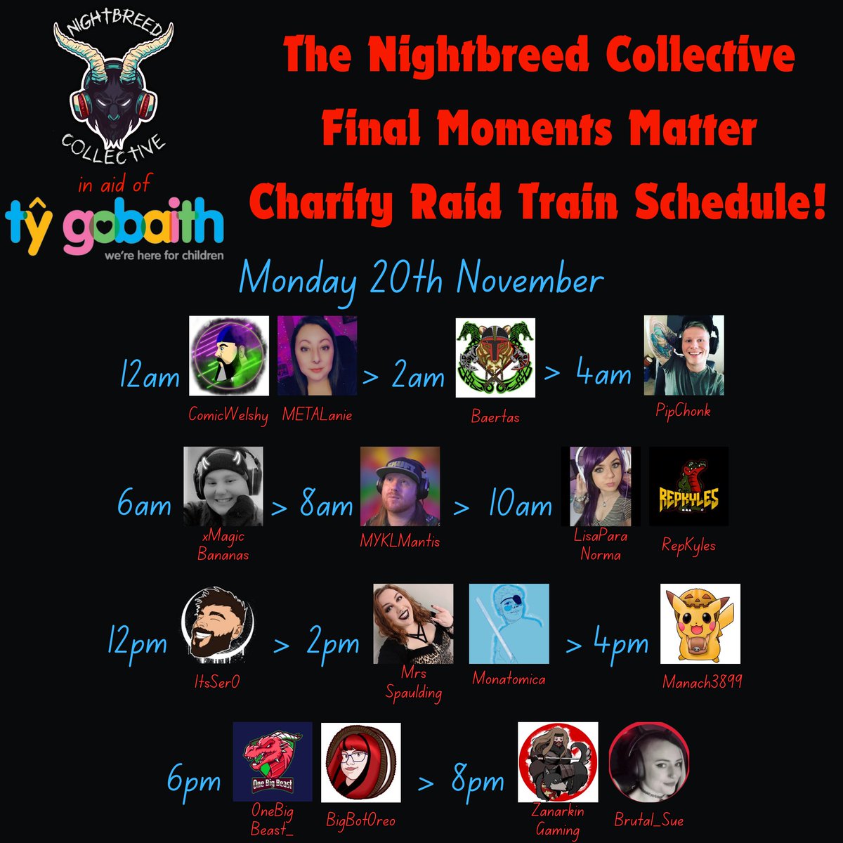 Here's our Nightbreed Charity Raid Train Schedule for next weekend!

From 10am on Sunday morning to 10pm on Monday evening (GMT), we have 22 streamers fundraising for @HHTGhospices, supporting children with life threatening illnesses. All donations will be DOUBLED by sponsors!