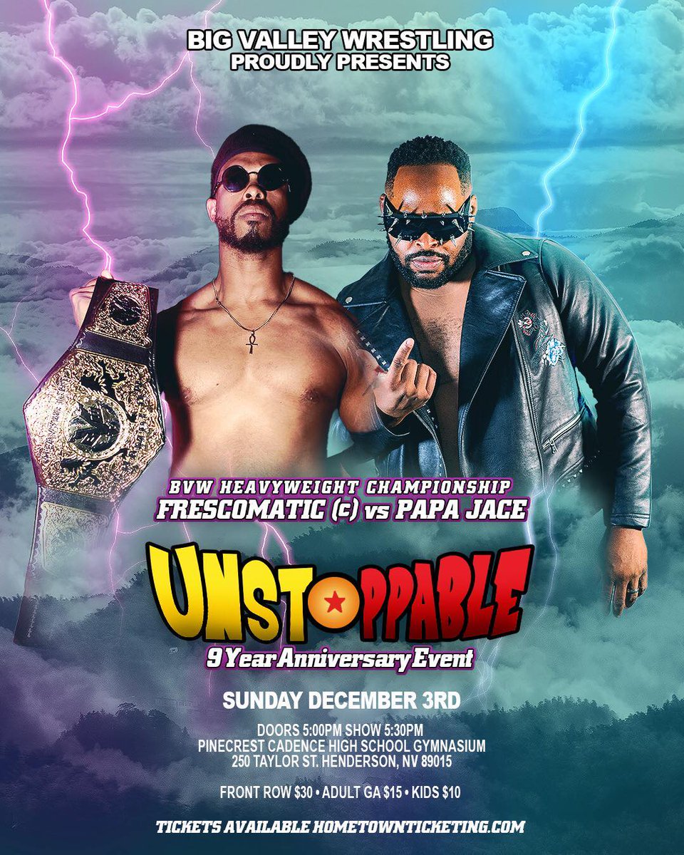 Our MAIN EVENT for #BVW9: UNSTOPPABLE BVW HEAVYWEIGHT CHAMPIONSHIP @FrescoMattic (C) V. @Come_4_Papa Sunday, December 3rd - Pinecrest Cadence - 5PM TICKETS: pinecrestcadence.hometownticketing.com/embed/event/71…