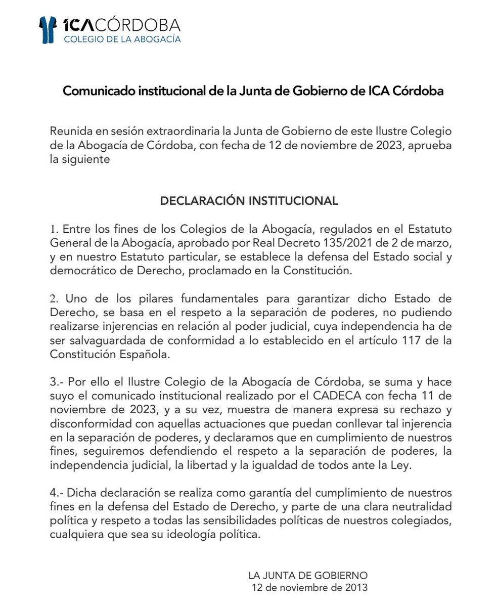 Comunicado de la Junta de Gobierno del Colegio de la Abogacía de Córdoba