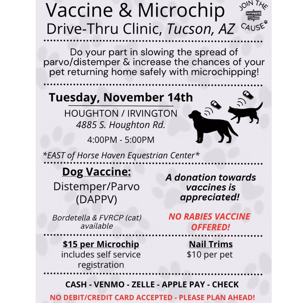🕓 TIME CHANGE 🕓 With the sun setting sooner, we have changed our EAST SIDE Drive-Thru Vaccine & Microchip Clinic time to start at 4pm 🐾 Please share to spread the news on the time change & we will see you this Tuesday, November 14th from 4-5pm! @whatsuptucson