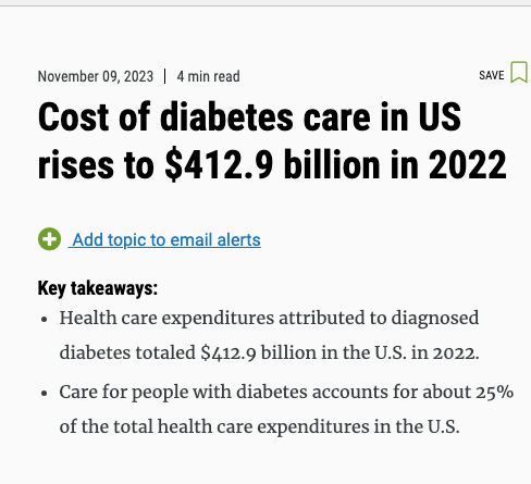 More crocodile tears coming our way from the folks who make money when people get diabetes If it were bad for our economy something might be done. But it's good for our current economy so nothing will be done. Whatever YOU do, please don't donate money for medical research…