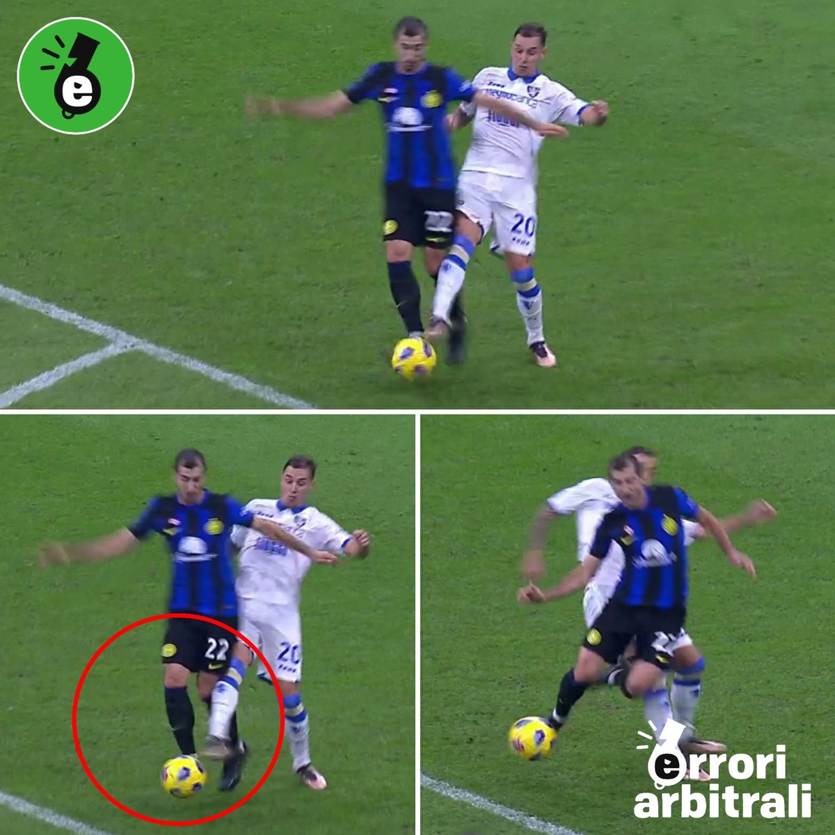 erroriarbitrali's tweet image. #InterFrosinone | c'è paradossalmente più negligenza in questo intervento su #Mkhitaryan nel primo tempo che nel rigore assegnato nel secondo (📸 DAZN): anche se ci fosse un tocco sul pallone, nel tentativo di rinvio il difensore colpisce prima il ginocchio sinistro dell'armeno.