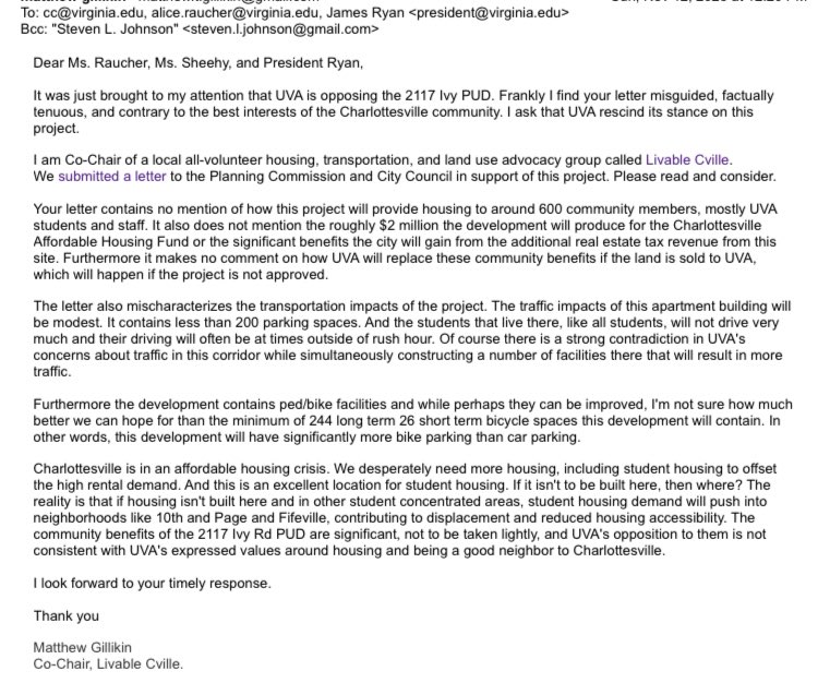 Wasn’t expecting to have to write an email today to UVA leadership explaining how their land use positions are wrong, but here we are