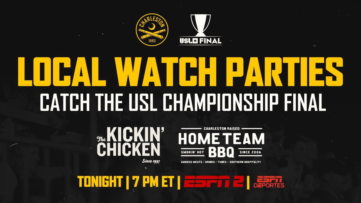 Can't make it to tonight's @USLChampionship Final but still want to catch the action? All Kickin' Chicken and Home Team BBQ locations in Charleston will be hosting watch parties for the game! 📺🏆