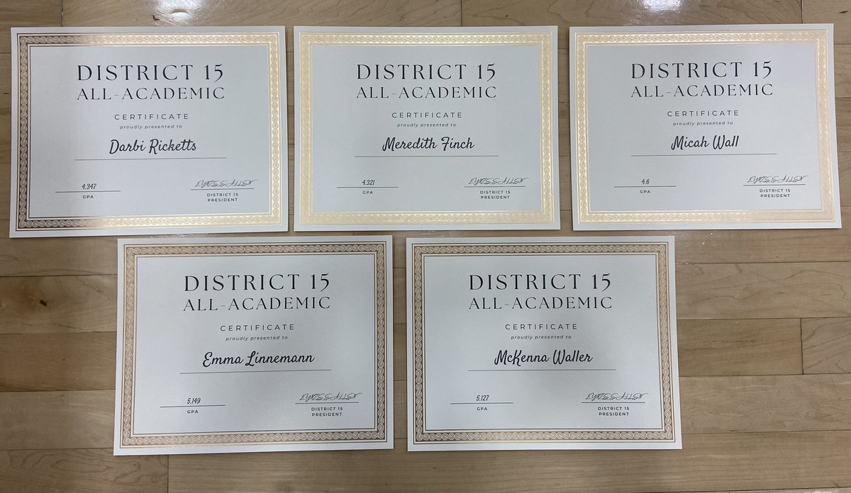 Congratulations Seniors for earning 2023 District 15 
All-Academic Certificates!!!

Way to go Emma, Darbi, McKenna, Meredith and Micah!!!