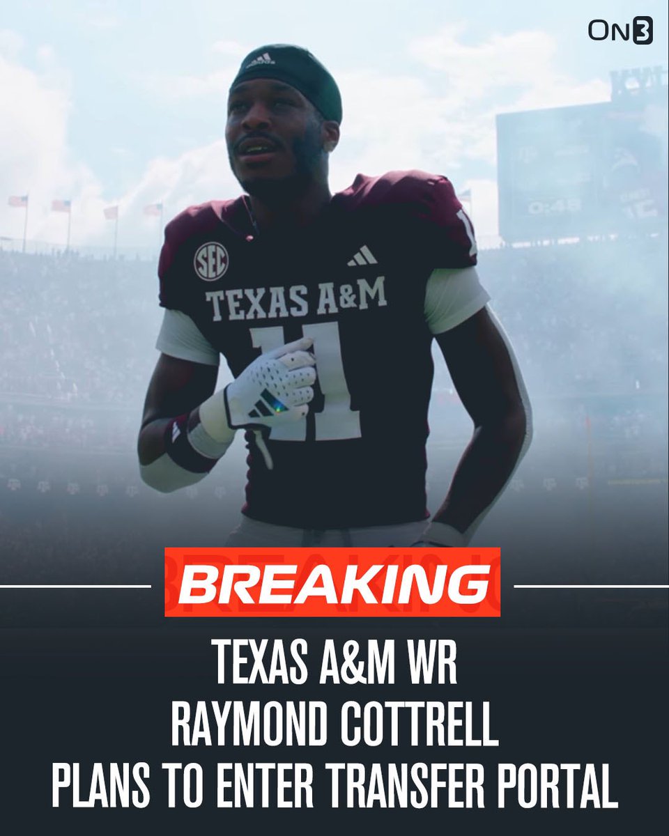 On3's tweet photo. BREAKING: Texas A&amp;M WR Raymond Cottrell plans to enter the NCAA Transfer Portal.

https://t.co/Gn6ODABE2n https://t.co/1GBB88JrOs