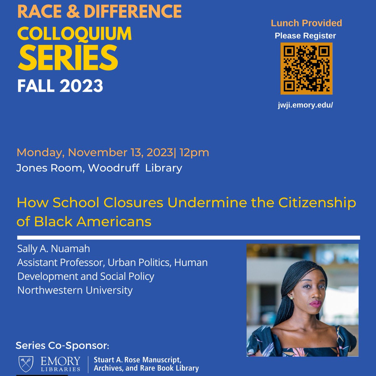 Our friends at @JWJIEmory host @sally_nuamah at noon Monday (11/13) to discuss her research showing how the closing of public schools in large cities undermines the trust that poor Black citizens have in politics. The free talk includes lunch. RSVP ➡️ bit.ly/49xnyV6