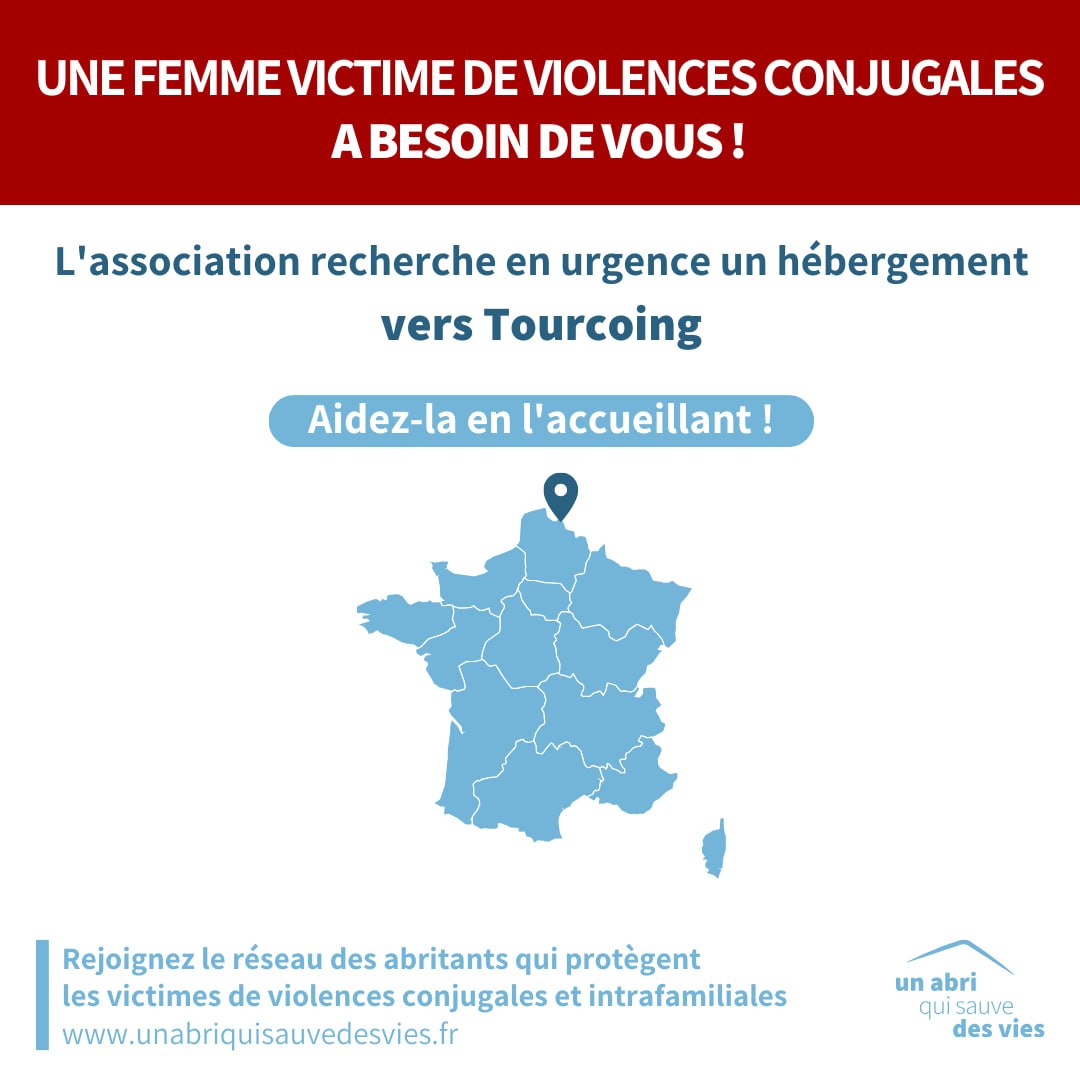 ⚠️ URGENCE #VIOLENCESCONJUGALES ⚠️

Un abri qui sauve des vies recherche un lieu sûr pour héberger en urgence une femme à 📍 #Tourcoing (59) ou proche. 

Pour l'aider, vous pouvez l'accueillir. La durée est déterminée selon vos disponibilités.

Merci de partager 🙏