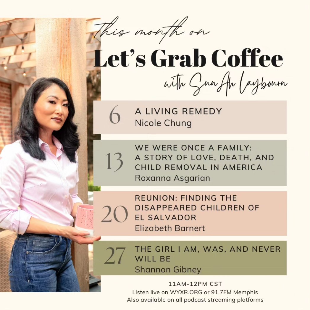 SunAh M Laybourn (she/her) (@sunahmariephd) on Twitter photo November is National Adoptee Awareness Month. In order to amplify adoptee voices, this month on Let's Grab Coffee on <a href="/wyxr_memphis/">WYXR 91.7 FM — Raised By Sound</a> I'm revisiting conversations with authors of recent book releases that center adoptee experiences.
Mondays
11am CST
wyxr.org
#NAAM November is National Adoptee Awareness Month. In order to amplify adoptee voices, this month on Let's Grab Coffee on <a href="/wyxr_memphis/">WYXR 91.7 FM — Raised By Sound</a> I'm revisiting conversations with authors of recent book releases that center adoptee experiences.
Mondays
11am CST
wyxr.org
#NAAM