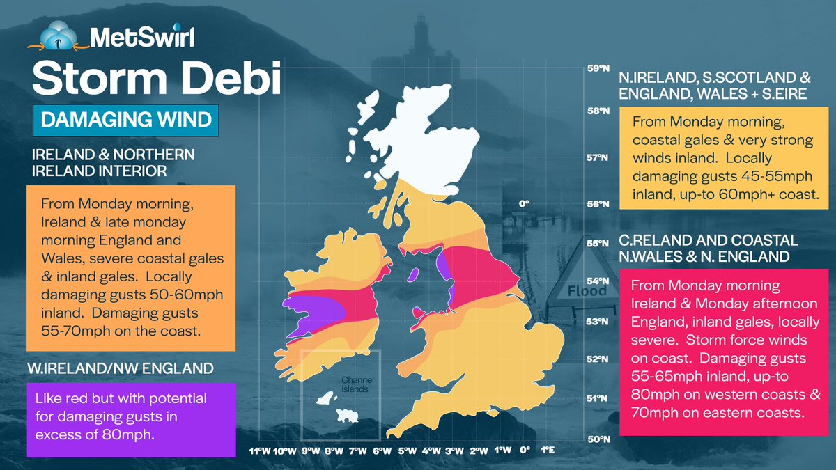 ThermoConveyor's tweet image. #StormDebi is expected to bring dangerous storm conditions to parts of Ireland, N. Wales and N. England on Monday.  The impacts worst across Ireland in the early morning hours of Monday, perhaps the most disruptive across N. England during Monday late morning/early afternoon.