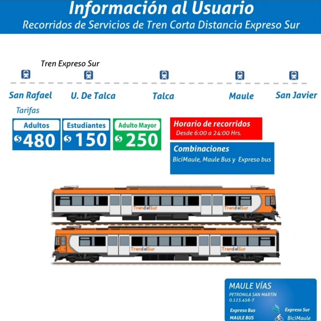 DondePasaMicro's tweet photo. ℹ️ Borrador listo de proyecto de Sistema de Transporte #Licitado integrado #Maulevias para #Talca
Contempla las siguientes modalidades de transporte
🚌 8 nuevos trazados nuevos para incorporarse al gremio actual de #buses
🚆 1 servicio #tren corto
🚲 prestación de #bicicletas https://t.co/6tP3jNdp6Q