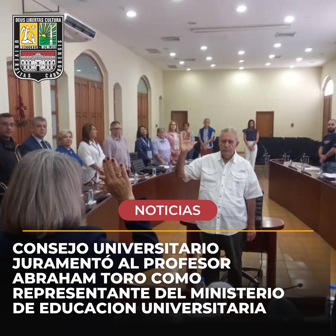 En sesión ordinaria del Consejo Universitario fue juramentado Abraham Toro, docente jubilado de la <a href="/FaCE_UC/">FaCE-UC</a> como representante del <a href="/mppeduniv/">@MPPEDUNIV</a>. Cuenta con larga trayectoria, lo que garantiza que su rol será para aportar ideas y conocimientos.