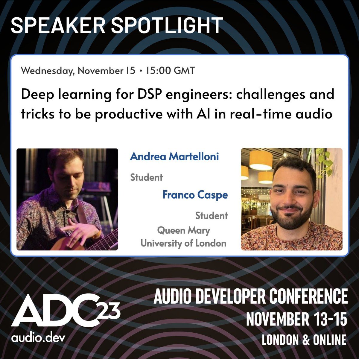 Franco  Caspe and myself are presenting at ADC 2023 in London on Wednesday,  talking about integrating deep learning in a DSP workflow, our  experiences and our research prototypes, the HITar and Bessel's Trick.

#adc #adc2023 #adclondon #aimusic #aim #augmentedguitar #audioai
