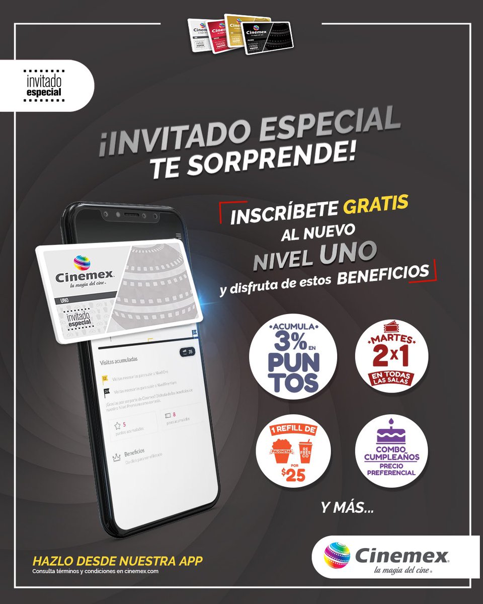 ¡QUÉ! 🤯 Inscríbete GRATIS al nuevo NIVEL UNO de Invitado Especial desde nuestra app o sitio web, es muy fácil. ☝🏻😌

🎟️ Disfruta de grandes beneficios con tu tarjeta digital: bit.ly/NIVELUNO-IE-CMX