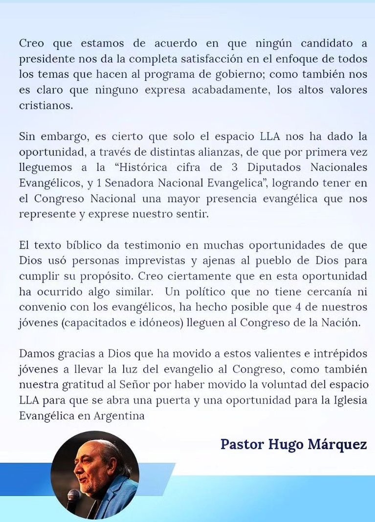 Picchio_Fede's tweet photo. El pastor Hugo Marquez es uno de los líderes evangélicos más reconocidos de la Argentina y salio a bancar a Milei
N te comas el cuento, si sos Cristiano vota a @JMilei y ora para que Massa, el kirchnerismo y todos los abortistas desaparezcan para siempre de la política argentina. https://t.co/tK9ngS3UOD