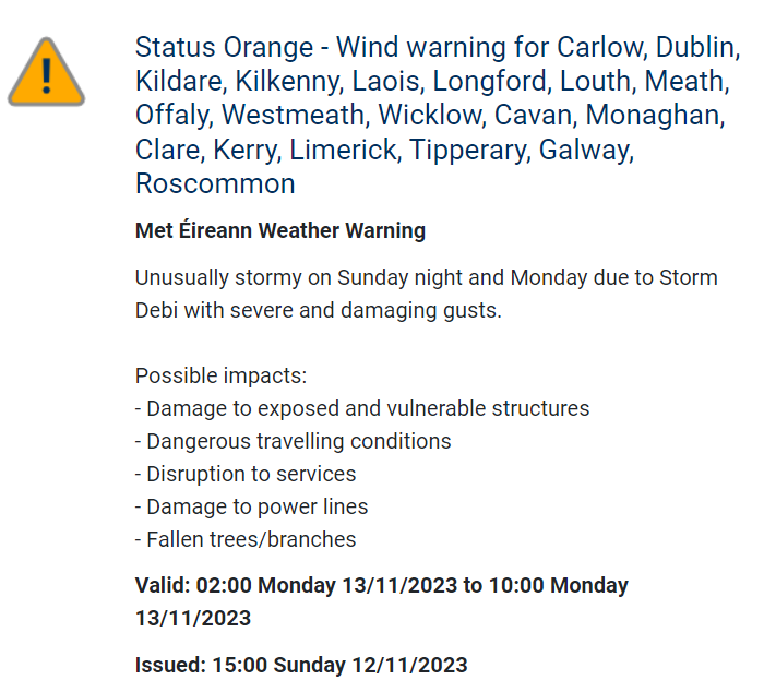 GalwayCoCo's tweet image. Weather Alert - Orange/Red
While the orange weather warning remains in place for County Galway, it has been upgraded to a red warning for east Galway from 3 am to 5 am on Monday, 13/11/23. For the latest information, go to met.ie/warnings  #StormDebi #galway