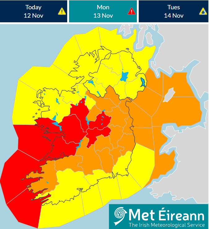 GalwayCoCo's tweet image. Weather Alert - Orange/Red
While the orange weather warning remains in place for County Galway, it has been upgraded to a red warning for east Galway from 3 am to 5 am on Monday, 13/11/23. For the latest information, go to met.ie/warnings  #StormDebi #galway