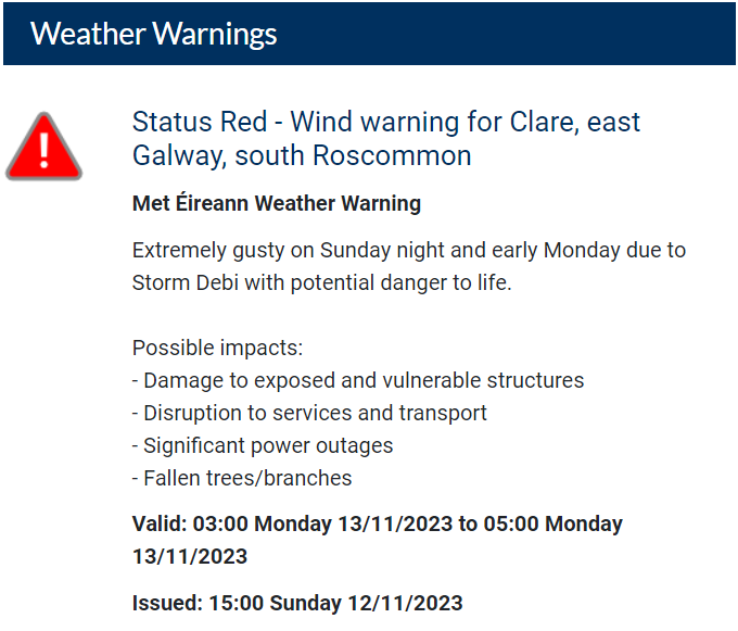 GalwayCoCo's tweet image. Weather Alert - Orange/Red
While the orange weather warning remains in place for County Galway, it has been upgraded to a red warning for east Galway from 3 am to 5 am on Monday, 13/11/23. For the latest information, go to met.ie/warnings  #StormDebi #galway