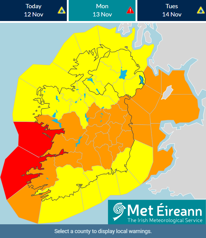 GalwayCoCo's tweet image. Weather Alert - Orange/Red
While the orange weather warning remains in place for County Galway, it has been upgraded to a red warning for east Galway from 3 am to 5 am on Monday, 13/11/23. For the latest information, go to met.ie/warnings  #StormDebi #galway