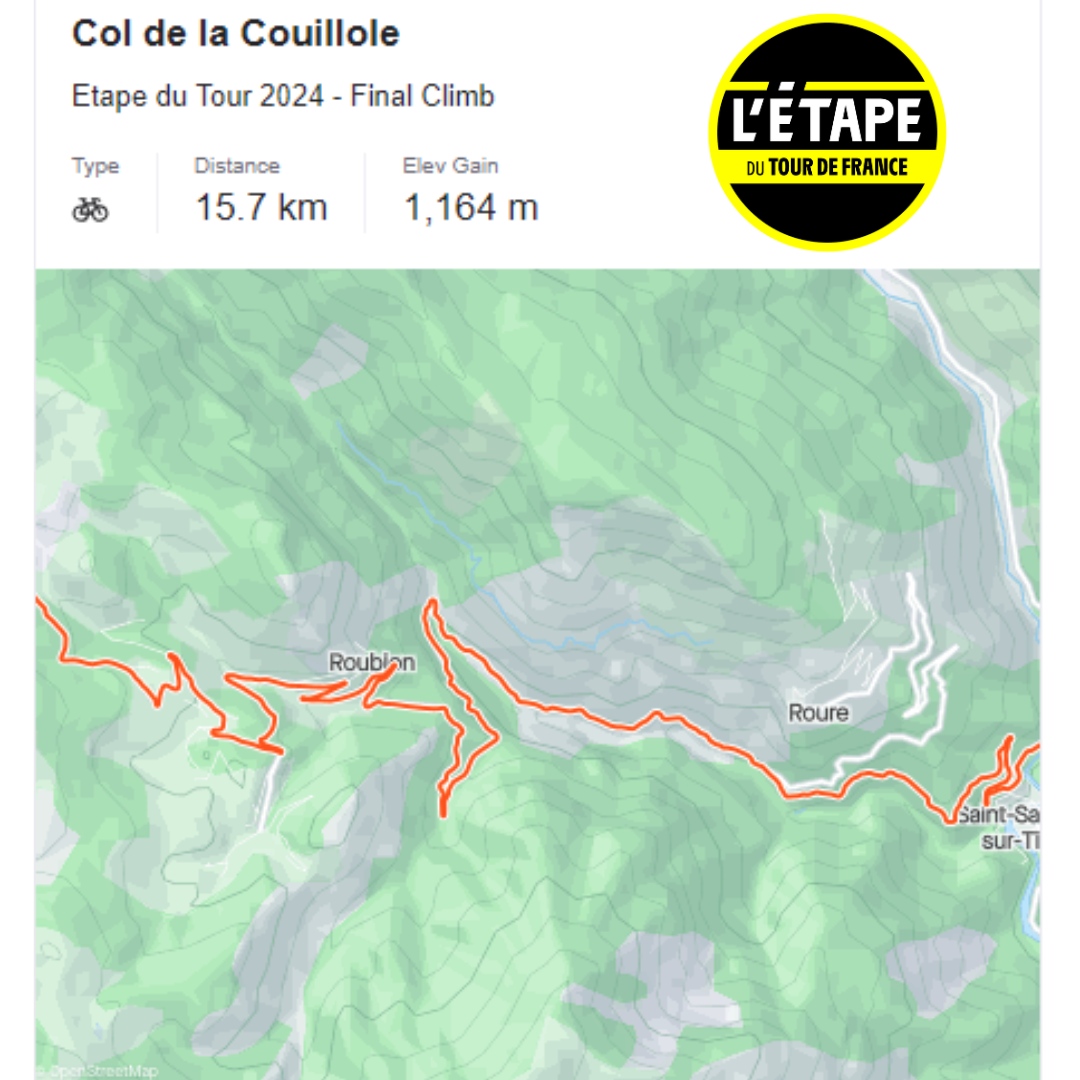 Etape du Tour 2024 - FINAL CLIMB! It's a summit finish, so if you've made it this far you will finish 🎉. 15.7km at 7.1% is going to hurt so our advice is do whatever you have to do to get up there! 

See our Strava route for recent pictures: strava.com/routes/3158041…