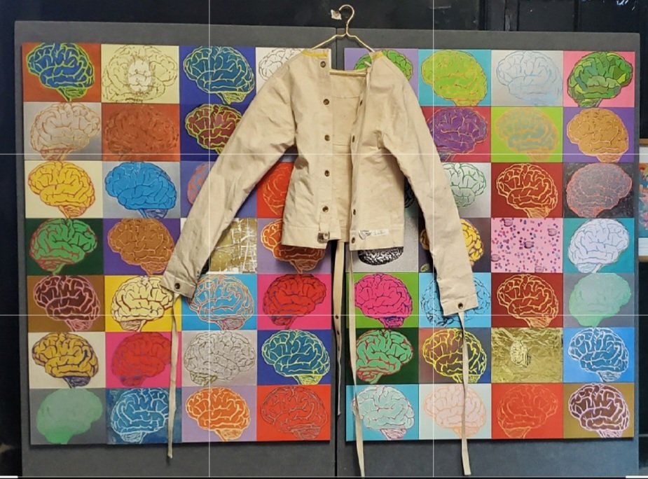 On view at the Living Museum My Warholian Brains & retired straight jacket