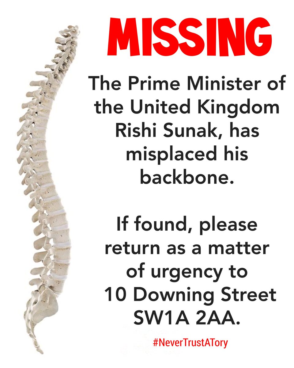 🚨 Maybe when @RishiSunak
is reunited with his backbone, he'll actually do the right thing and rid this country of the heinous @SuellaBraverman. 

#BravermanOut 
#BravermanMustGo 
#BravermanDoesNotSpeakForMe 
#SunakOut384 #Sunakered 
#NeverTrustATory