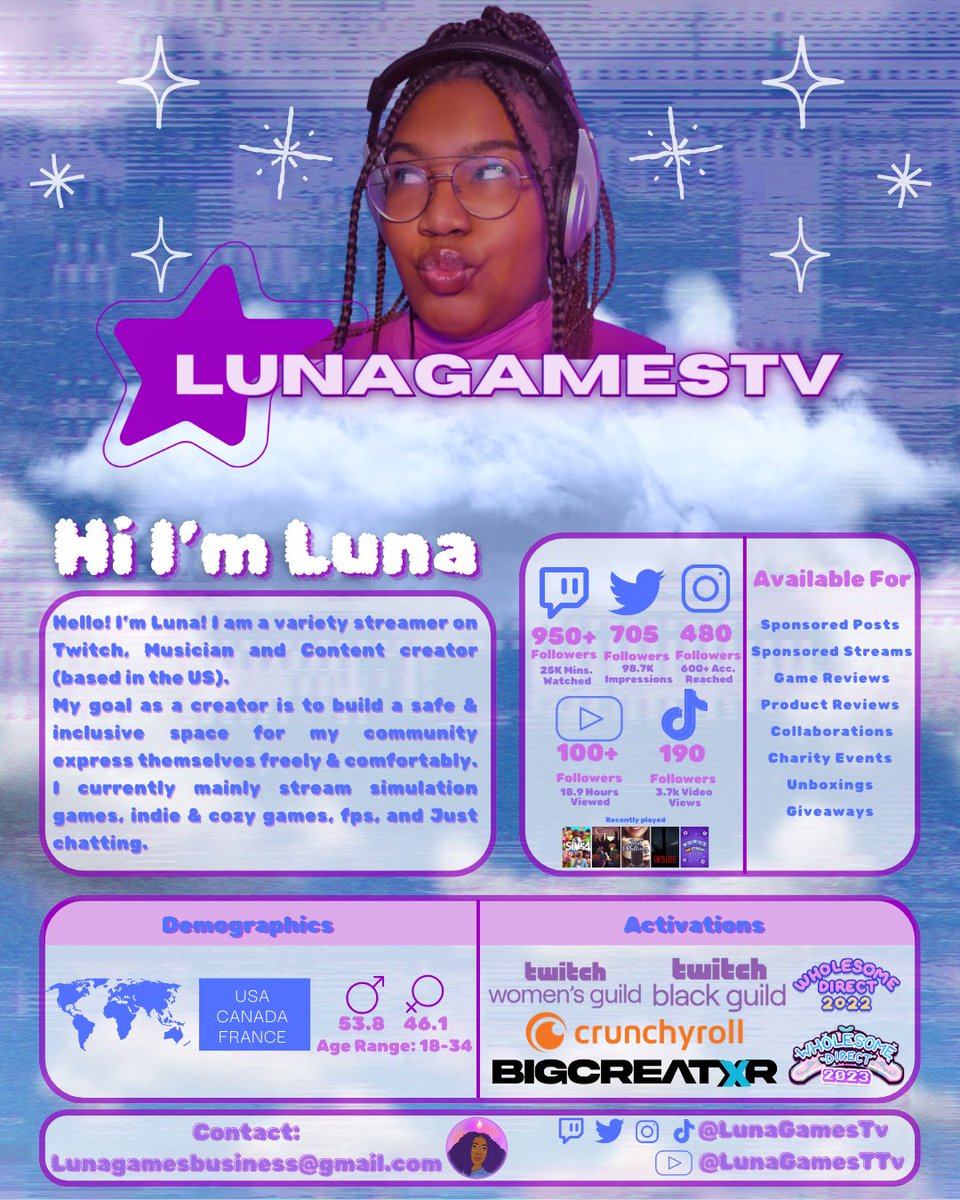 lunagamestv's tweet photo. °•♡ Hai Hai @pokimanelol ♡•°

I'm Luna! I am a smaller creator who would love to help out with Brown Skin/Curly Hair/Plus sized representation for your product launch! 
Congratulations on everything! 💜 https://t.co/TaUht0d2rW