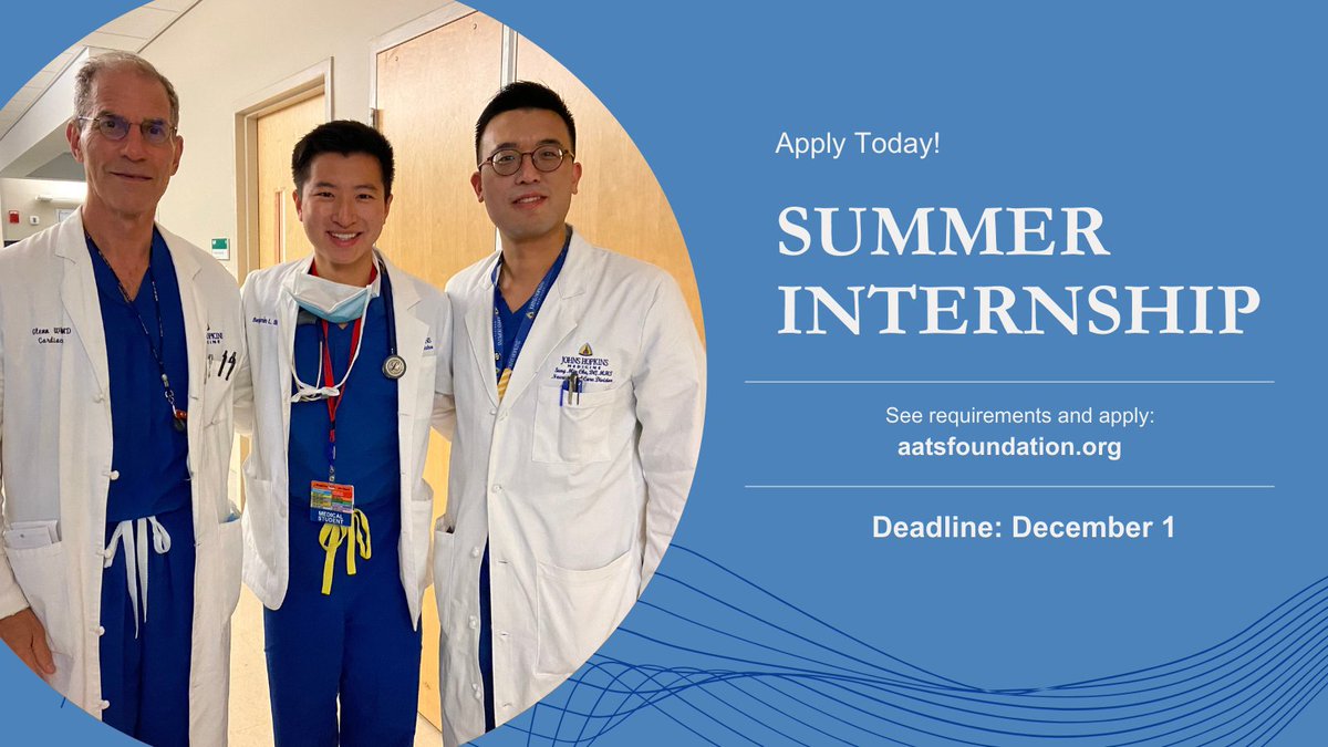 First and second year medical students: Work with a mentor this summer with the AATS Foundation Summer Intern Scholarship. Apply to experience your introduction into cardiothoracic surgery by 12/1: aats.org/foundation/sum… #medstudent #medicalstudent #cardiactwitter #medtwitter