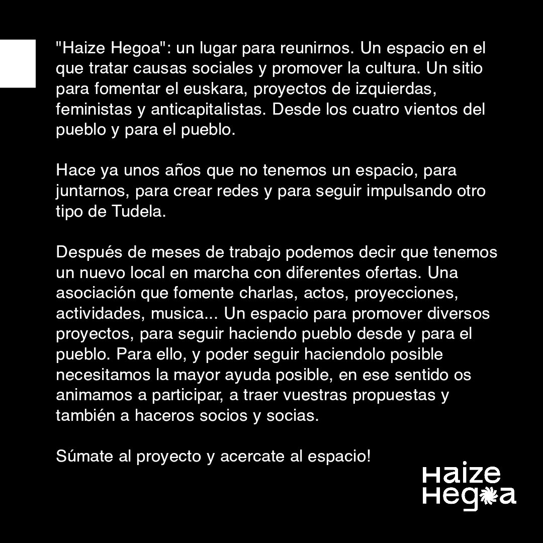 Adierazpen Ofiziala / Comunicado Oficial

📢 Espazio berri bat, proiektu berri bat, Tuterako bihotzean, herritik sortua lau haizetara zabaltzeko.

📢 Un nuevo espacio, un nuevo proyecto, en el corazón de Tudela, nacido desde el pueblo para que se extienda por los cuatro vientos.
