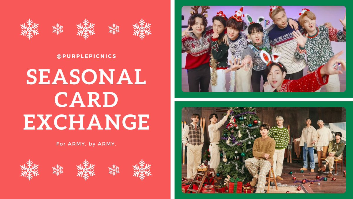 ❄️BTS Seasonal Card Exchange❄️

This is aimed at UK Army, but we're not about to exclude anyone on the holidays, so there are options for international mail too. More info in the next tweet/in the form. 

Fill out the form to join in!

🔗forms.gle/NrtWhz7TB7a49G…