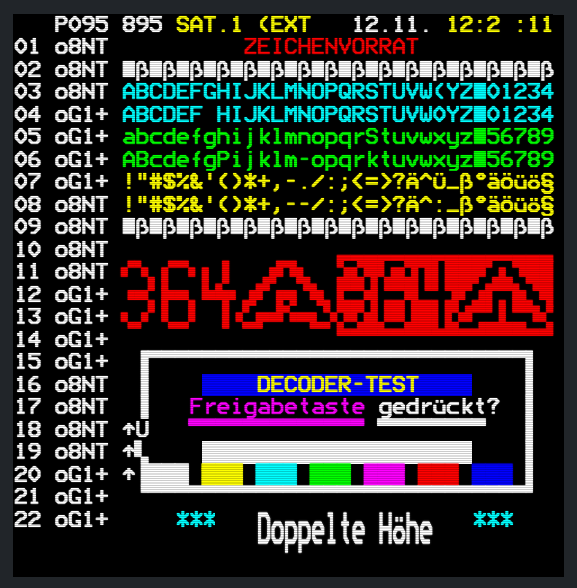 66_RP_ORIGINAL's tweet photo. 📺 #OTD
#Teletext #Teletextarchive #Archive #Archiv #Videotext #Pixel #Decodertest #Testseite #Testpage #GermanTV #Fernsehen #Television #Retro #90s 

Decoder-Test-Seiten von SAT.1-Text am
12. November 1995

 https://t.co/dZceXu2Eu8
https://t.co/JYTuekhQ5x
Uploader: itewreed https://t.co/iUK6KoRmiO