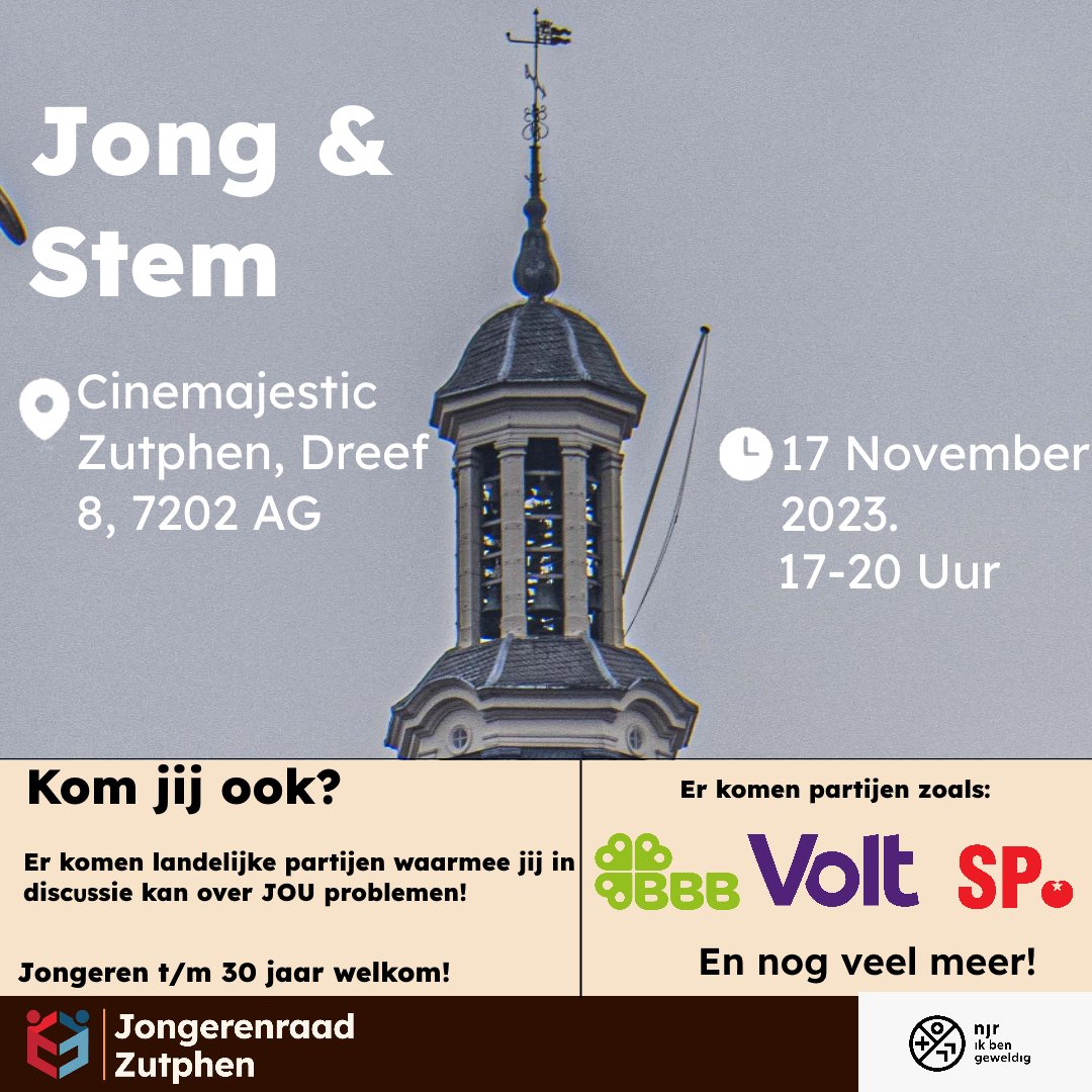 We organiseren een Jong &amp; Stem voor jongeren bij de Cinema in de <a href="/gem_Zutphen/">Gemeente Zutphen</a> voor jongeren t/m 30 jaar.  Er komen partijen zoals:
<a href="/BoerBurgerB/">BBB BoerBurgerBeweging 🍀🍀🍀</a>
<a href="/50pluspartij/">50PLUS</a>
<a href="/VoltNederland/">Volt Nederland 👋</a>
<a href="/fvdemocratie/">Forum voor Democratie</a>
 Meer info? Kijk hieronder!  #Zutphen #Verkiezingen #Evenement #FVD #BBB #VVD #SGP #SP