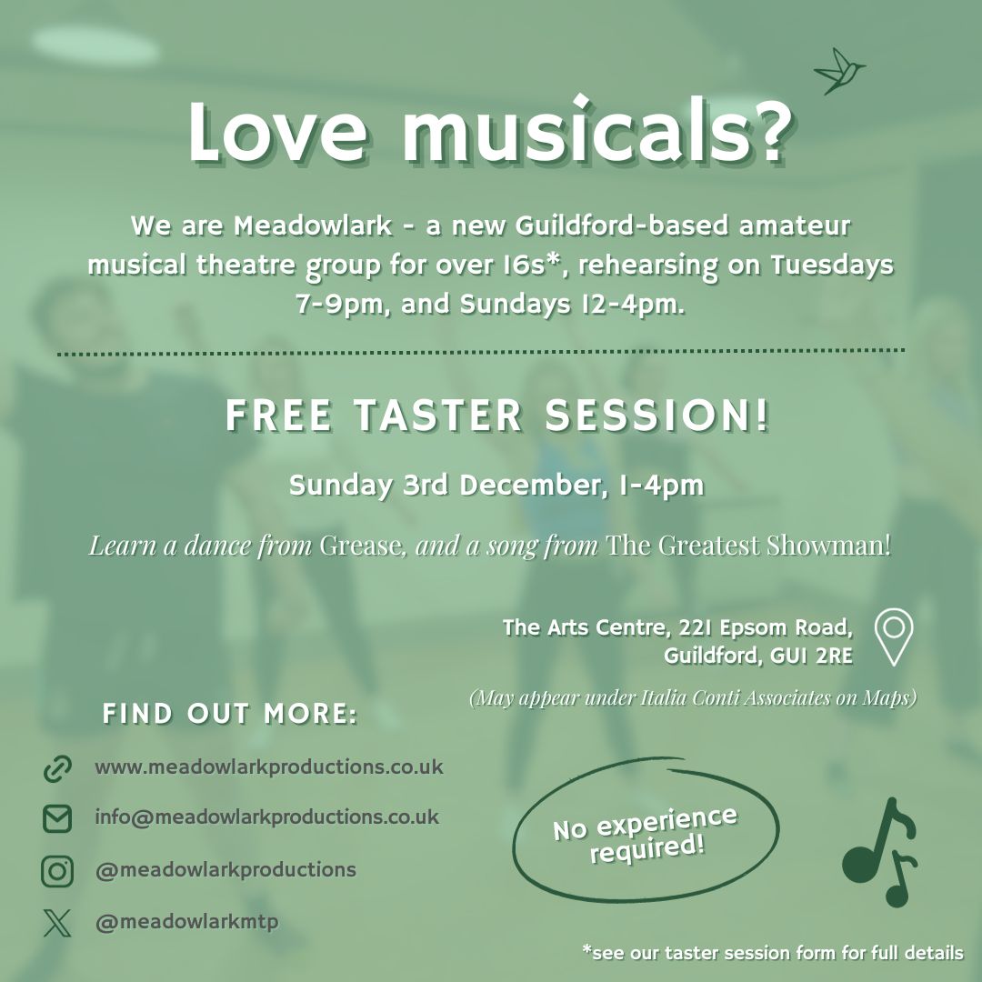 Meadowlarkmtp's tweet photo. BIG NEWS 🌟 We’re holding another taster session!   

Sign up here: https://t.co/J8vlh4jyA4 

As always, get in touch if you have any questions! 💚

#musicaltheatrecompany #musicaltheatreguildford #whatsonguildford https://t.co/VQwCh6VVWo