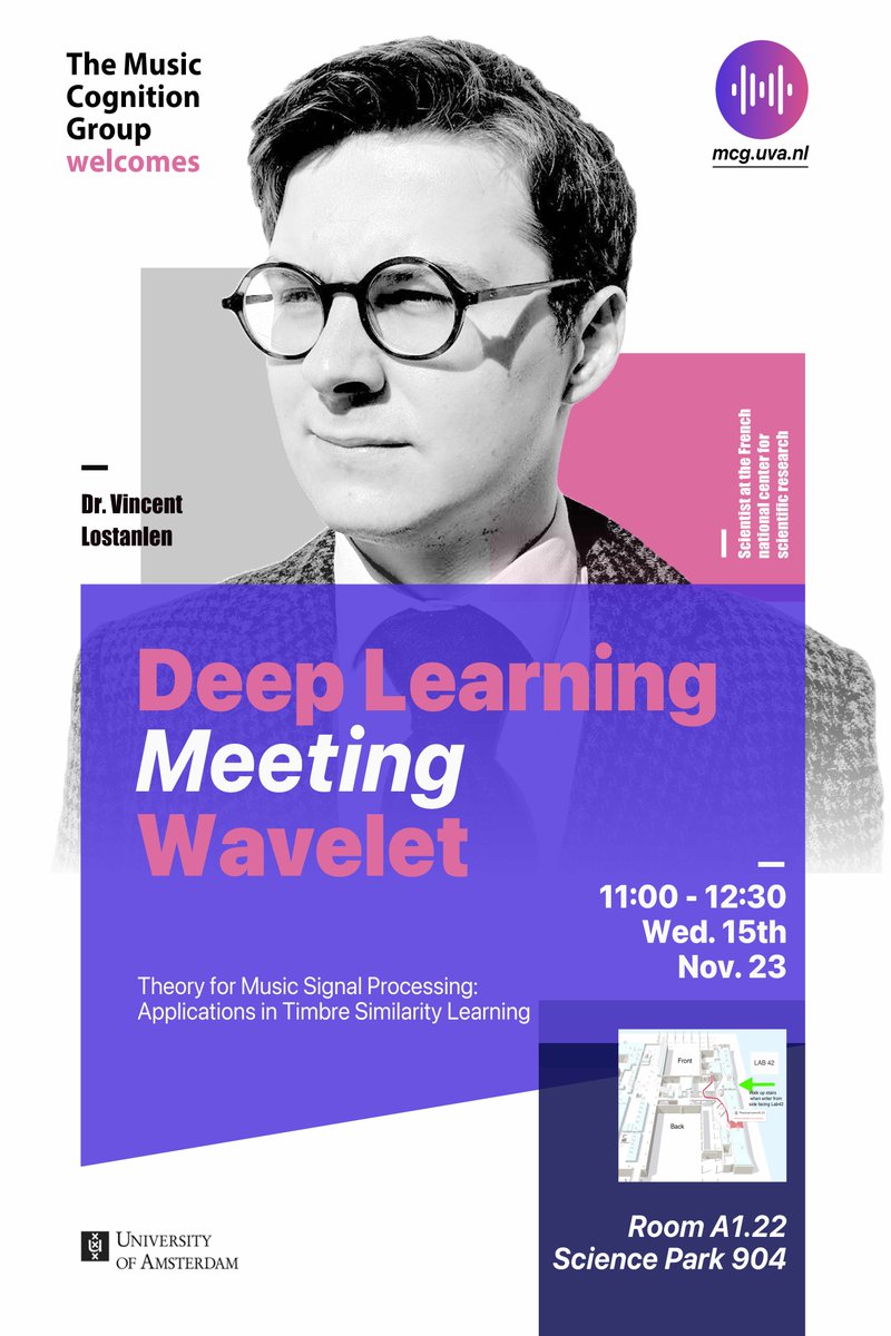 The Music Cognition Group is excited to welcome Dr. @lostanlen for a captivating talk on music signal processing next week @UvA_Amsterdam. Really glad our connection from Timbre 2023 has evolved into collaboration! Check out the poster for more details! #musicscience