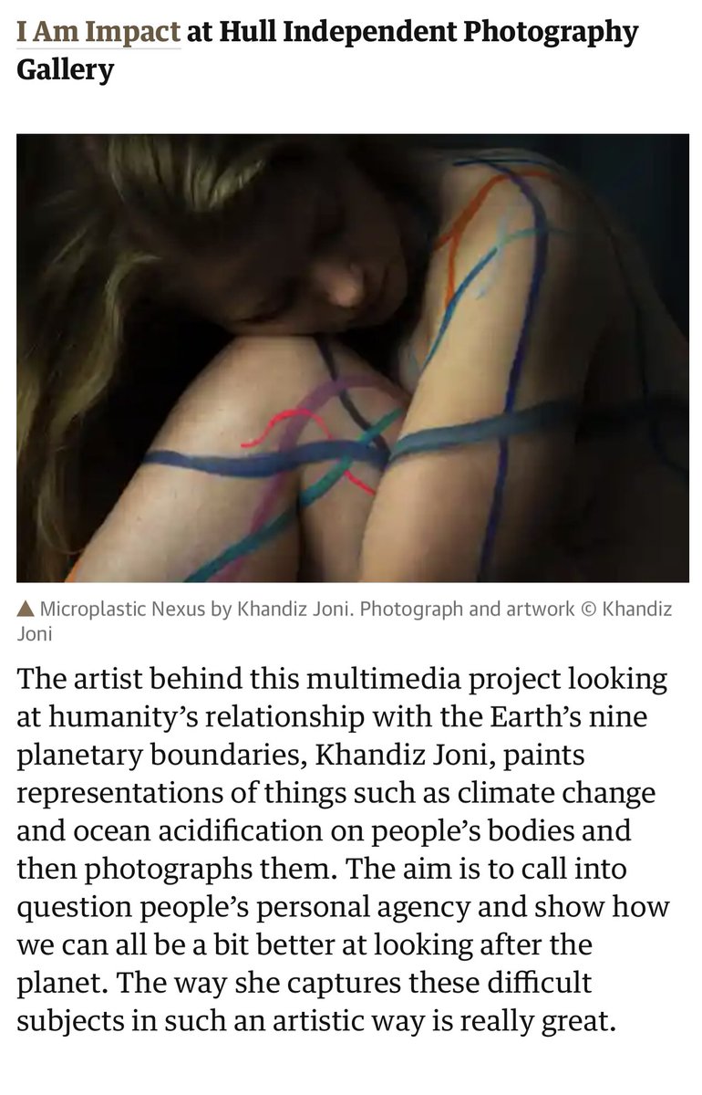Aways good when an exhibition you’ve sponsored & curated, gets featured in the Guardian, especially when it has climate positive impact. I AM IMPACT by Khandiz Joni is one of 100 events of Humber Eco Fest. It open till Christmas in HIP Gallery at Creative & Cultural Organisation
