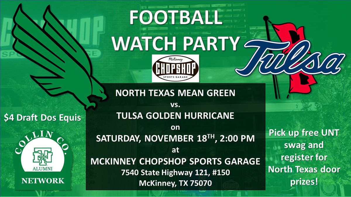 Come join fellow Mean Green fans as UNT takes on Tulsa in football. There will be North Texas swag as well as a drawing for UNT prizes at half time. Drink specials include $4 draft Dos Equis. This will be the LAST football watch party of the year.  Don't miss it! #untalumni #GMG