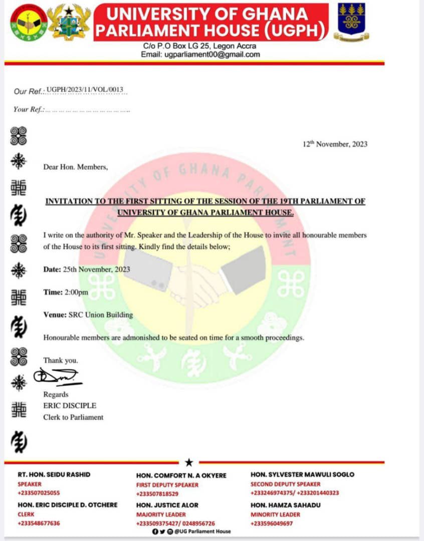 ug_house's tweet photo. INVITATION TO THE FIRST SITTING OF THE FIRST SESSION OF THE 19TH PARLIAMENT OF UNIVERSITY OF GHANA PARLIAMENT HOUSE https://t.co/DZYQ9NoxaI
