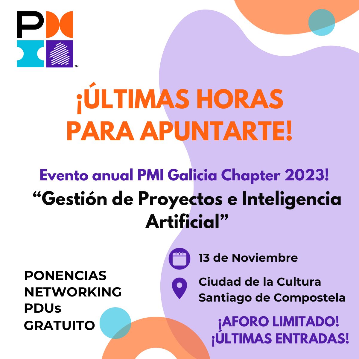⚠ Estamos en las horas previas a la celebración del evento anual y el quinto aniversario del capítulo!

Nos vemos mañana!

Para los que todavía os lo estáis pensando, os podéis apuntar en el siguiente link!: lnkd.in/eB3AivM5

#pmiGalicia #evento #ai #projectmanagement
