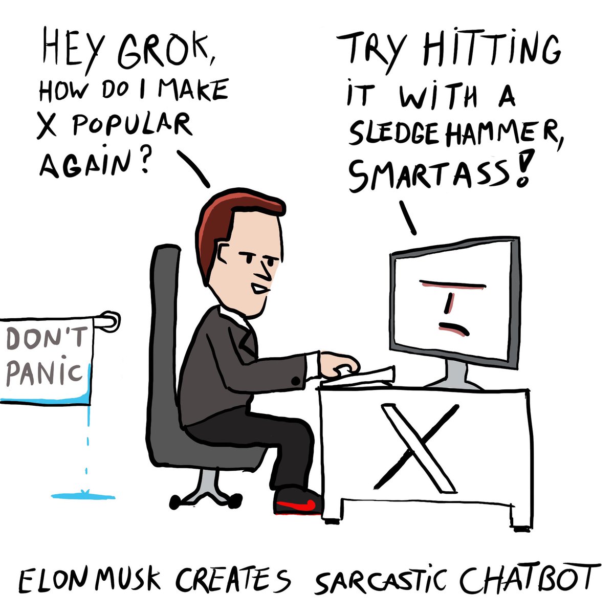 ZnoopTree's tweet photo. Elon Musk creates sarcastic chatbot, named Grok. #elonmusk #grok #comic #cartoon #ai https://t.co/sx6lSTQlz4