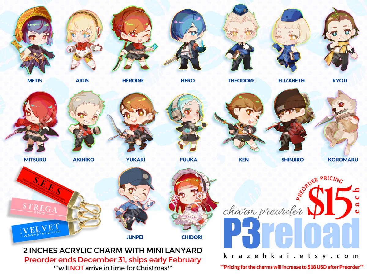 [RTs❤️] It's been a while since I last made charms, but this time I was MOTIVATED. Preorders for my new P3R charms are now open until the end of this year! All SEES members are wearing their new combat attire (minus feMC 🥲). Thank you for looking!