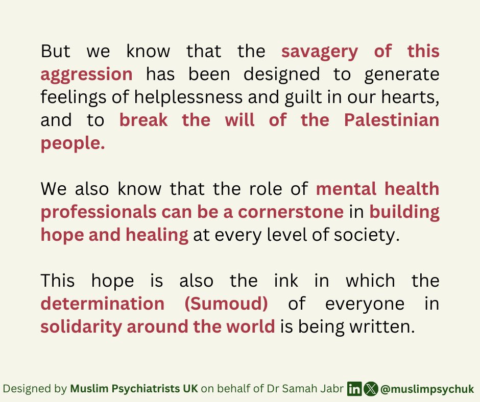 muslimpsychuk's tweet photo. A letter to Mental Health Professionals in #gaza #palestine by Dr Samah Jabr, Psychiatrist and Director of Mental Health unit at the Palestinian Ministry of Health
🧵1/3
#psychiatry #mentalhealth #psychology #trauma #recovery #freepalestine https://t.co/Z29UHMq6kb