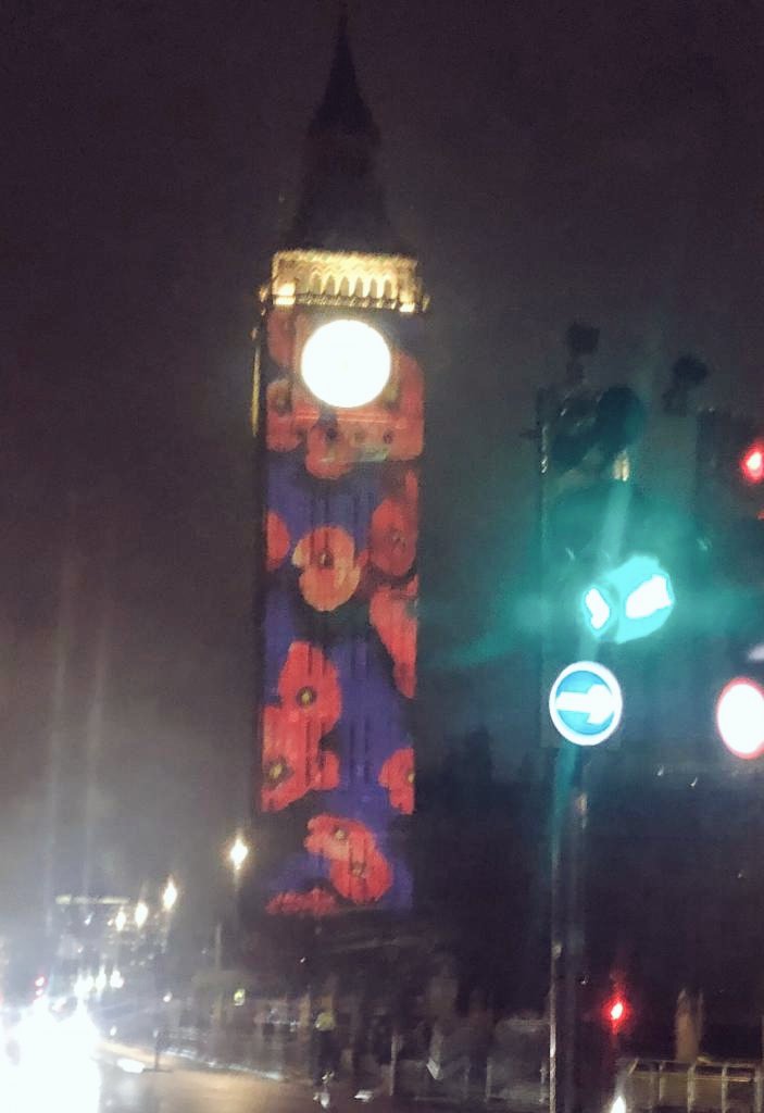ABridgen's tweet image. After attending remembrance services in North West Leicestershire today, I arrived in London ready for the week ahead in Parliament.

Great to see the Elizabeth Tower illuminated with poppies to remember our Glorious Dead who made the ultimate sacrifice. 

#LestWeForget2023