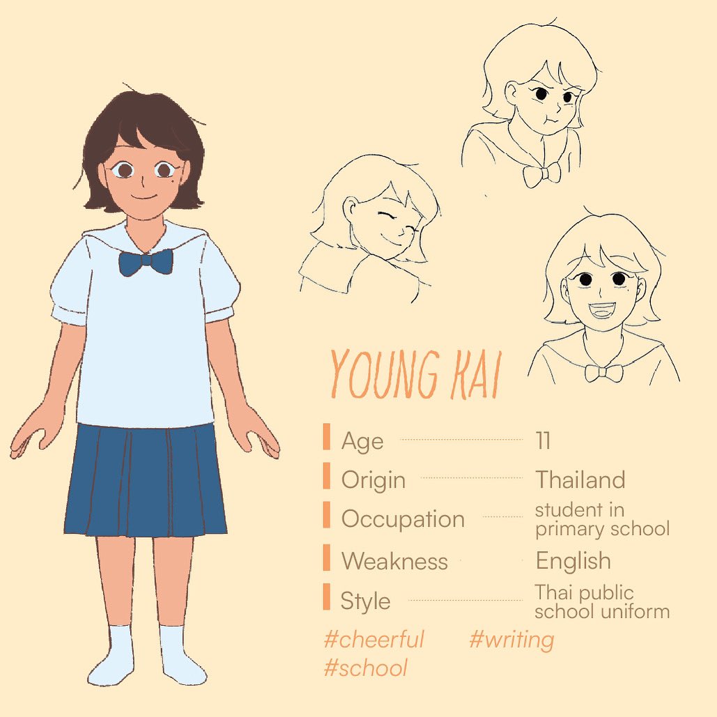 When younger Kai was in primary school in Thailand, she was more cheerful. Although not academically the most successful, her passion in writing novels drove her to major in creative writing in college 📝📚🎒#haveyoueaten #hyefilm2023