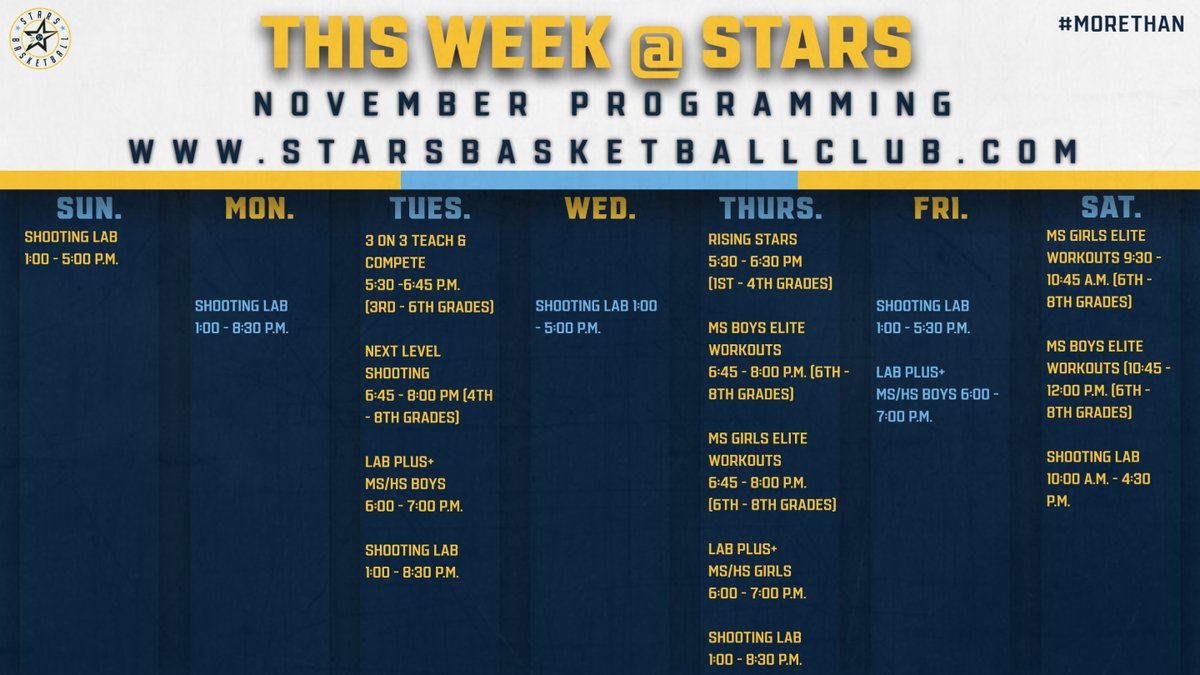 StarsBballClub's tweet image. 🔎Take a closer look at what we are doing in November! Plenty of great opportunities to get on the court.
starsbasketballclub.com/programming/
#fallprogramming #starsbasketball #morethan