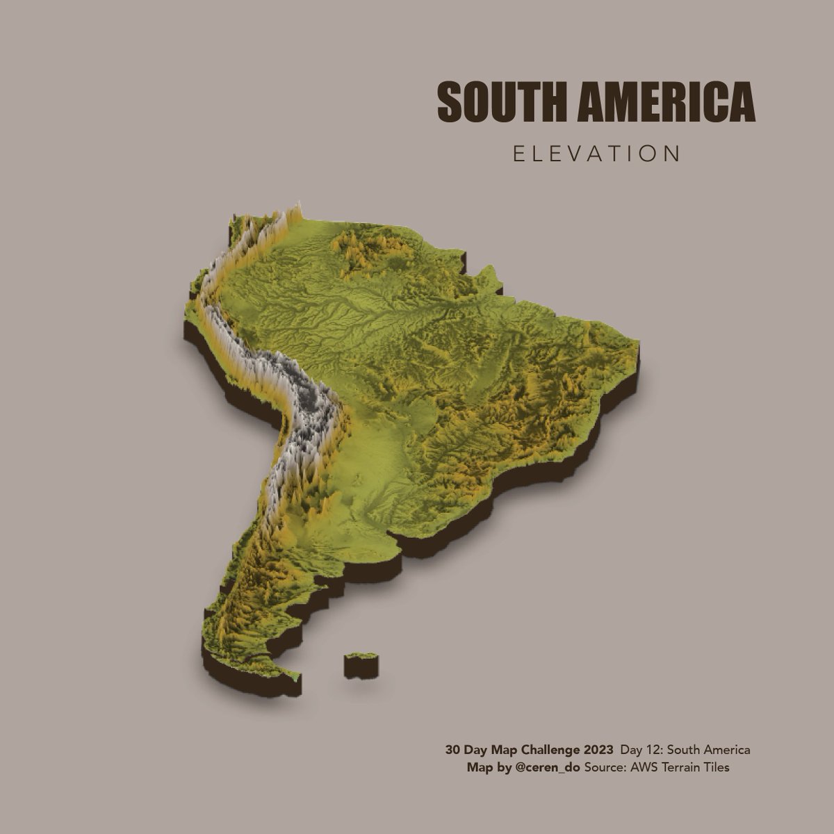 ceren_do's tweet photo. #30DayMapChallenge Day 12: South America 

I have been longingly looking at all of the rayshader maps since last year's challenge and this year I built up the courage to give it a go myself🌄 https://t.co/2JZVUxCf7I