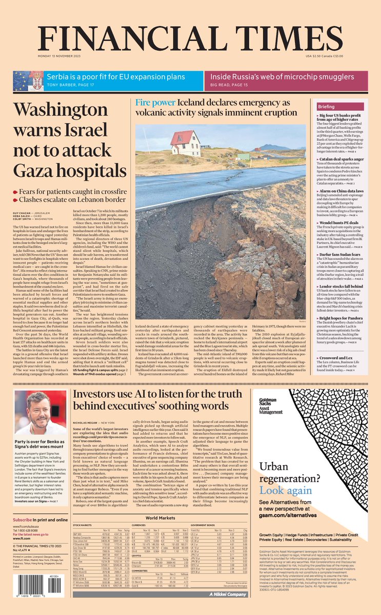 FT's tweet photo. Just published: front page of the Financial Times, international edition, Monday 13 November https://t.co/dUkHHS6451 https://t.co/6FqmzHqsR7