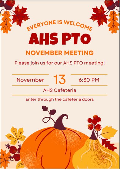 mariannecandc's tweet photo. Hi! Just a reminder that our November AHS PTO meeting is Monday, November 13th at 6:30 in the AHS cafeteria. We would be so thankful if you could join us!! @Austin_PTO @SFAHS_Bulldogs @AHSBulldogs @AustinBulldogVB @AHSDawgFootball https://t.co/vedEXKvJRc