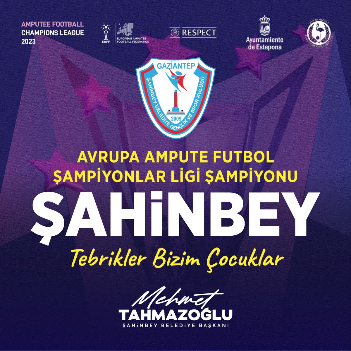Şampiyon #ŞahinbeyinAslanları 🏆

İspanya’da düzenlenen Avrupa Ampute Futbol Şampiyonlar Ligi'nde Polonyalı rakibi Wisła Kraków'u 3-2 yenerek ŞAMPİYON olan Ampute Futbol Takımımızı canı gönülden tebrik ediyorum.

Başarılarınız daim olsun gençler, sizinle gurur duyuyoruz.👏🏻