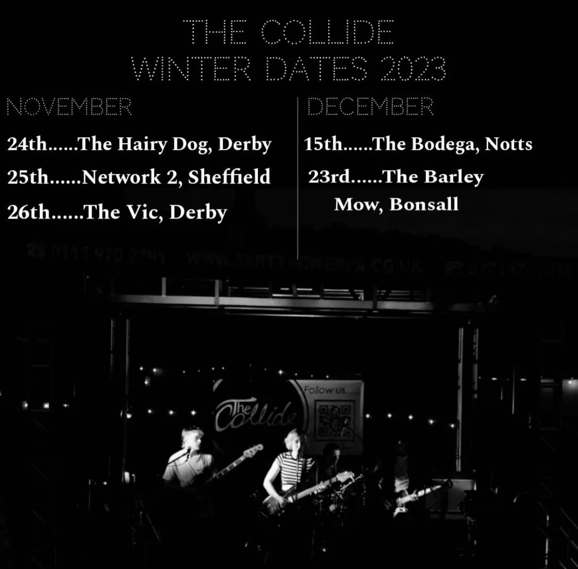 The Collide (@wearethecollide) on Twitter photo November
~24th Hairy Dog: full day of music to raise money for <a href="/DerbyshireMind/">Derbyshire Mind</a>
~25th Network 2: we are supporting <a href="/mimosa/">Howl王</a>~26th The Vic: we are supporting <a href="/wearesnakeeyes/">Snake Eyes</a>
December
~15th The Bodega: we are supporting <a href="/TheHowlingTides/">The Howling Tides</a>
A23rd The Barley Mow: a Collidemass party November
~24th Hairy Dog: full day of music to raise money for <a href="/DerbyshireMind/">Derbyshire Mind</a>
~25th Network 2: we are supporting <a href="/mimosa/">Howl王</a>~26th The Vic: we are supporting <a href="/wearesnakeeyes/">Snake Eyes</a>
December
~15th The Bodega: we are supporting <a href="/TheHowlingTides/">The Howling Tides</a>
A23rd The Barley Mow: a Collidemass party