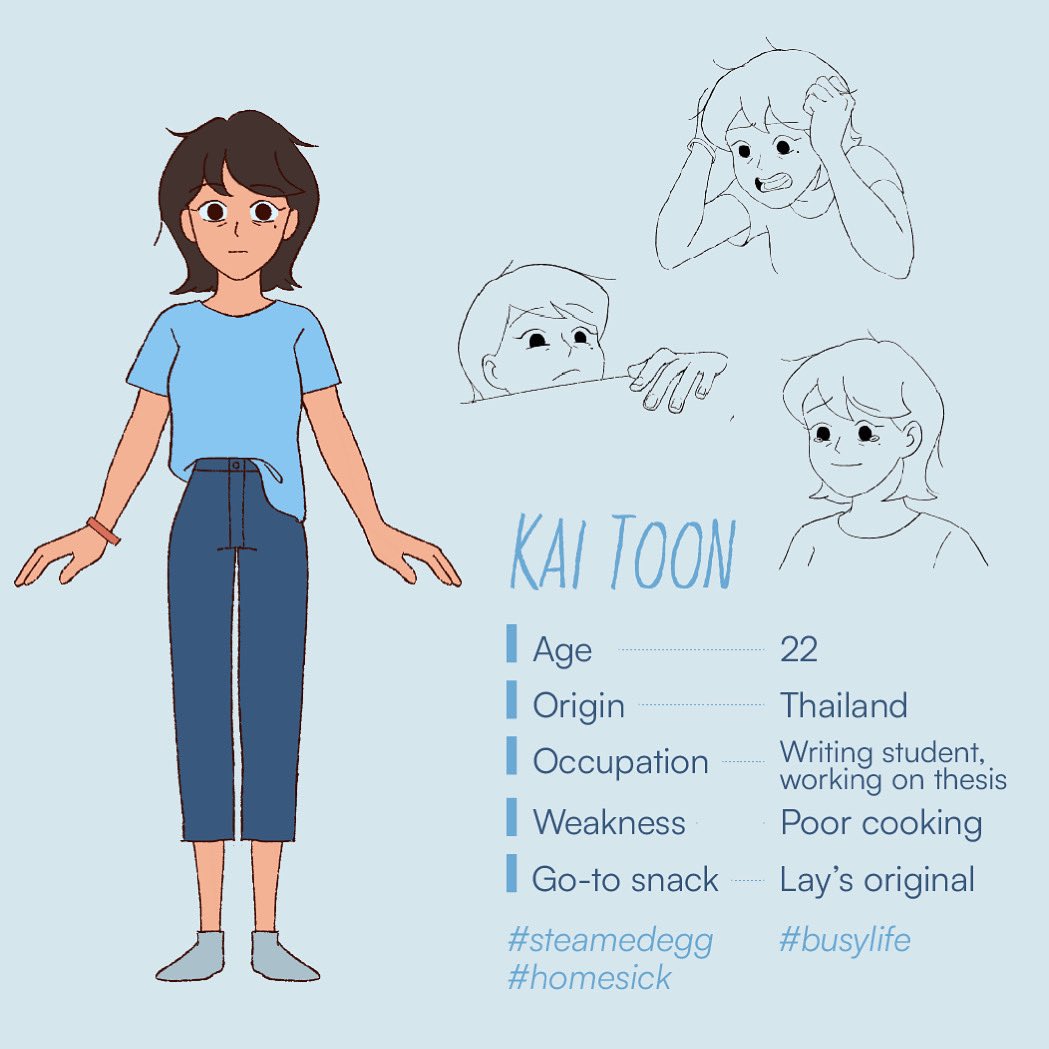 Kai is a workaholic perfectionist who is sweet and kind when not hungry. With a tendency to feel homesick, Kai likes to cook, yet her cooking skills have yet to be said... unless Papa is there to help her 🖌️🇹🇭💕#haveyoueaten #hyefilm2023